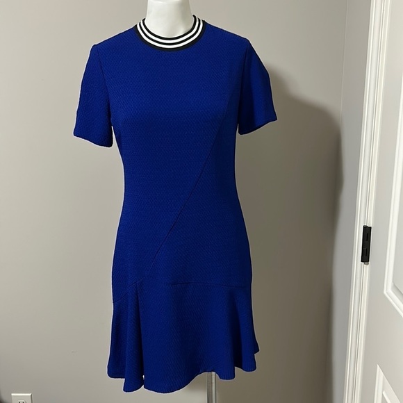 Sandro Paris Blue Reva Crepe Dress Round Neck Fit and Flare Sz M - Picture 3 of 14